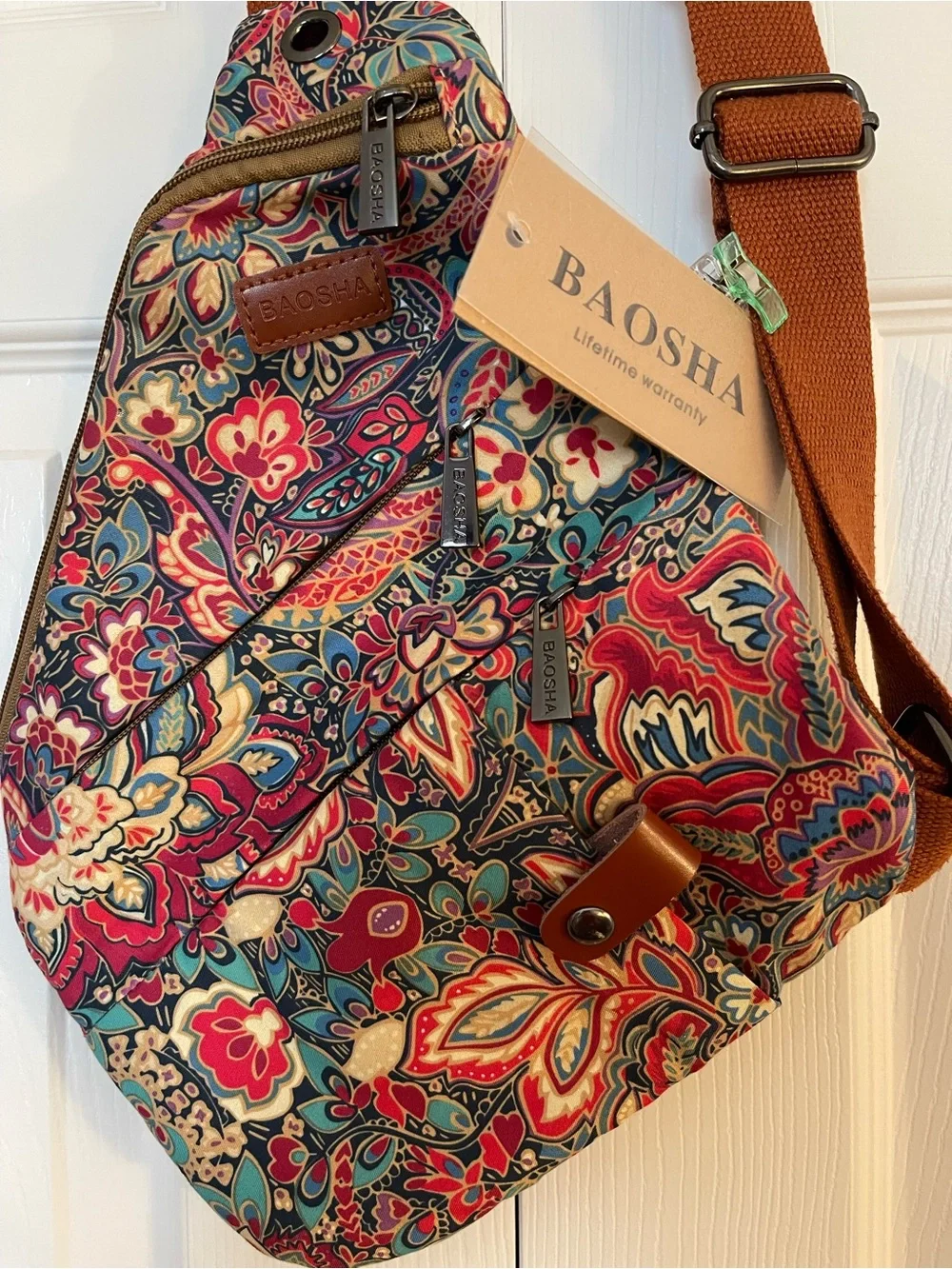 Multicolor Floral Crossbody Sling Bag with Adjustable Tan Strap